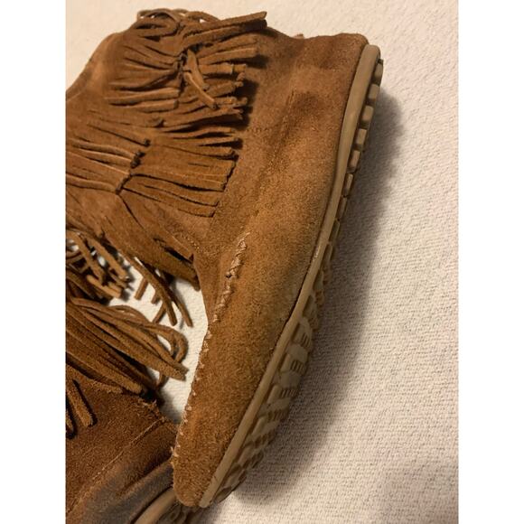 Minnetonka Fringe Leather Mid Calf Brown Flat Boot Women's Size 7.5 - Picture 5 of 12